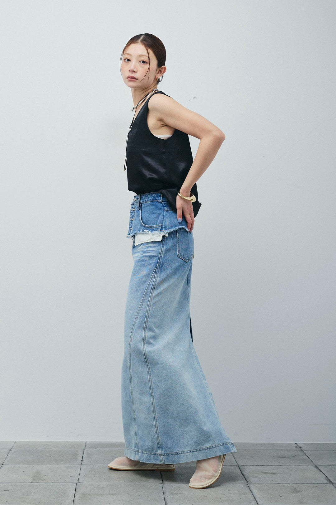 サテン2wayトップス+レイヤードデニムロングスカート(2set)