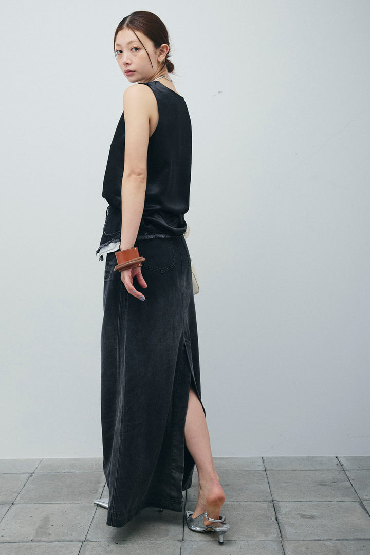 サテン2wayトップス+レイヤードデニムロングスカート(2set)