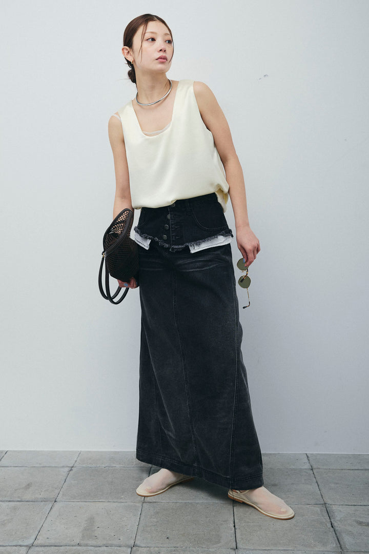 サテン2wayトップス+レイヤードデニムロングスカート(2set)