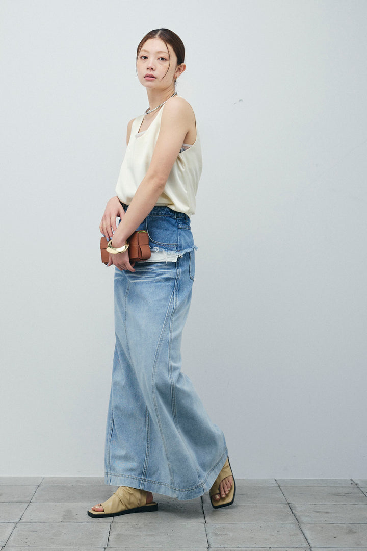 サテン2wayトップス+レイヤードデニムロングスカート(2set)
