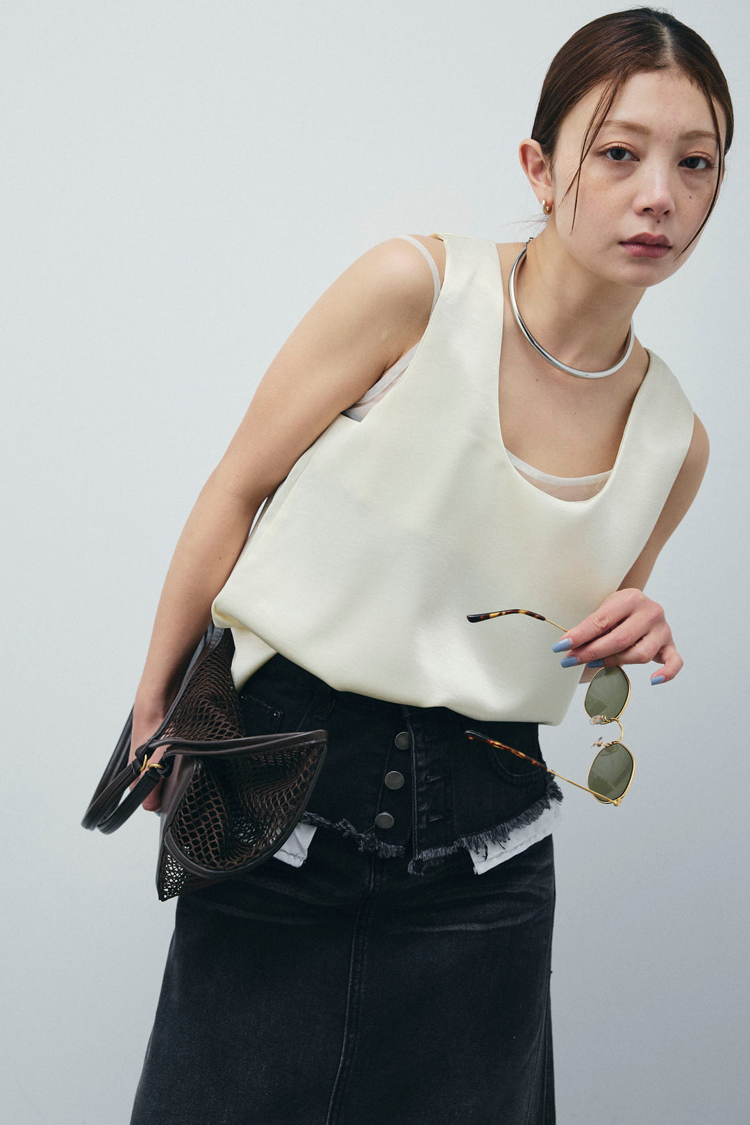 サテン2wayトップス+レイヤードデニムロングスカート(2set)