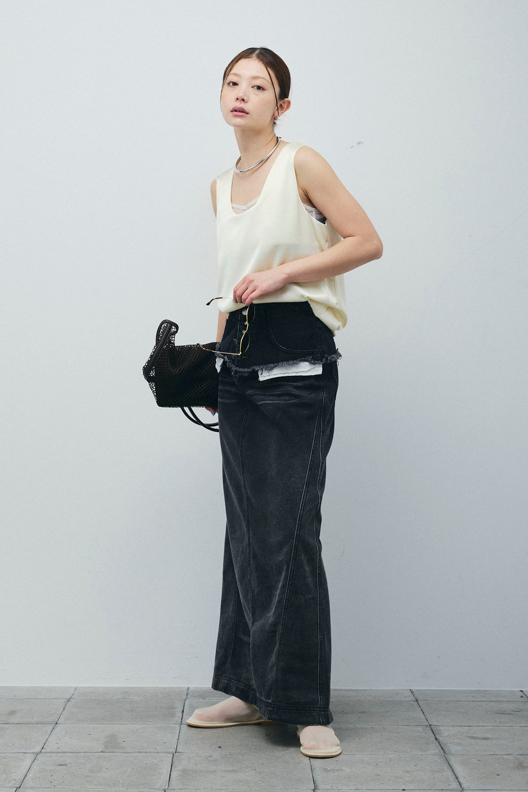 サテン2wayトップス+レイヤードデニムロングスカート(2set)