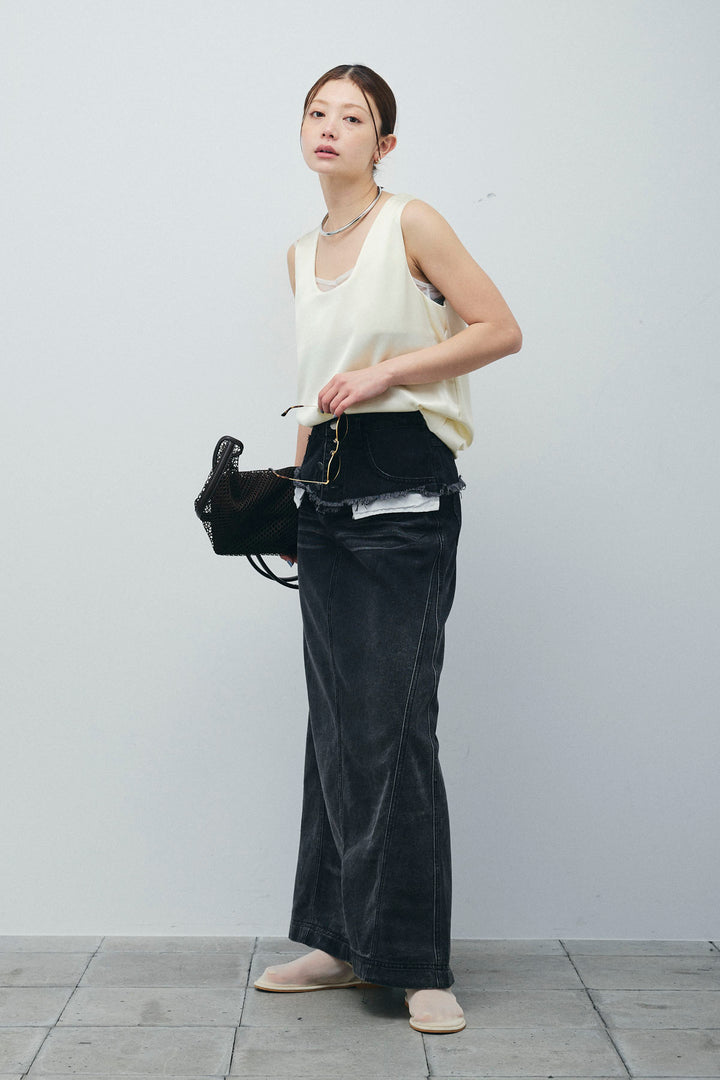 サテン2wayトップス+レイヤードデニムロングスカート(2set)