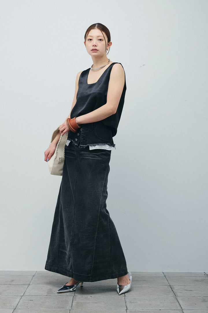 サテン2wayトップス+レイヤードデニムロングスカート(2set)