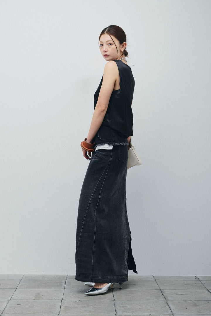 サテン2wayトップス+レイヤードデニムロングスカート(2set)