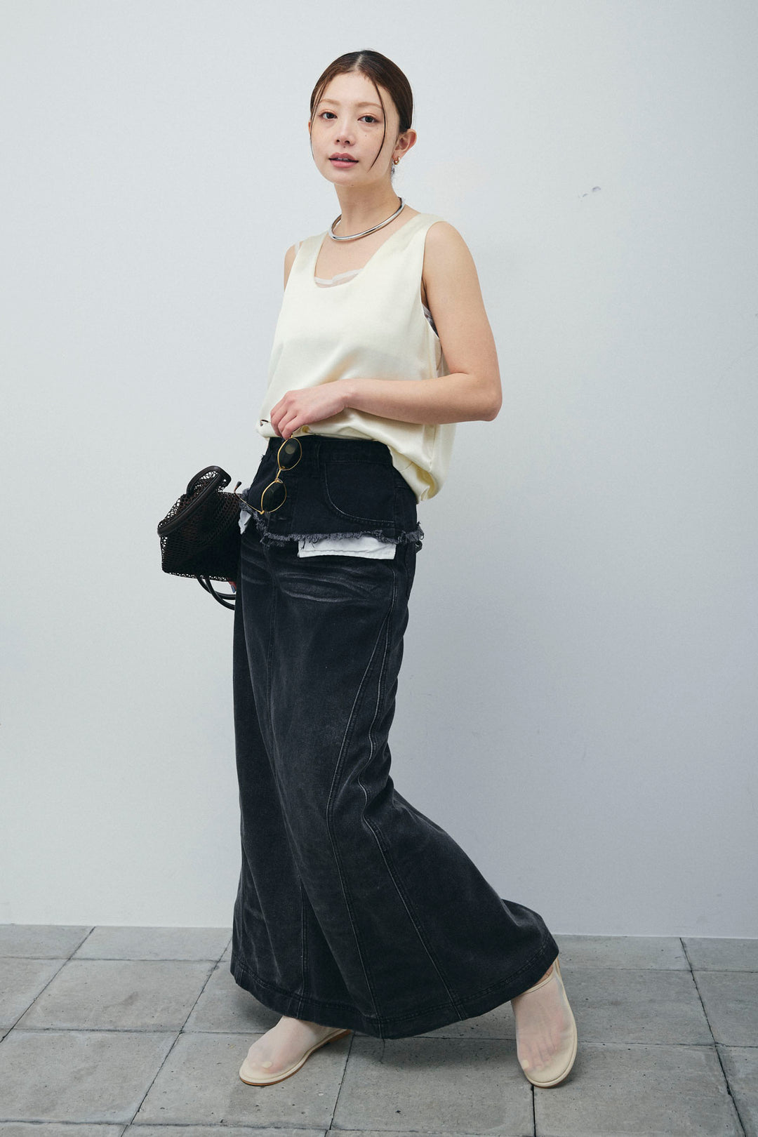 サテン2wayトップス+レイヤードデニムロングスカート(2set)