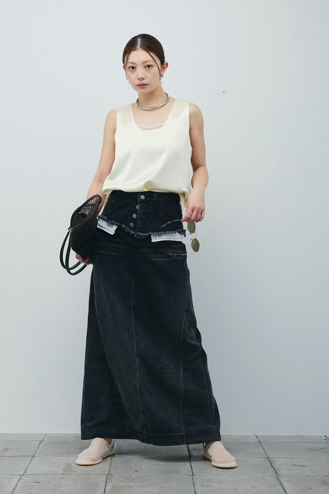 サテン2wayトップス+レイヤードデニムロングスカート(2set)