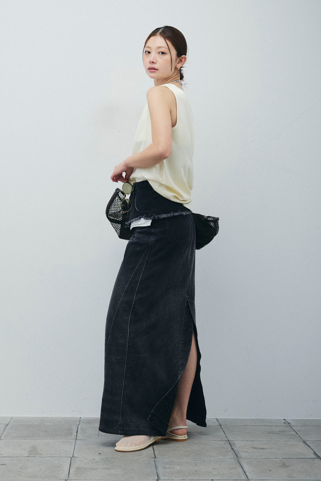 サテン2wayトップス+レイヤードデニムロングスカート(2set)