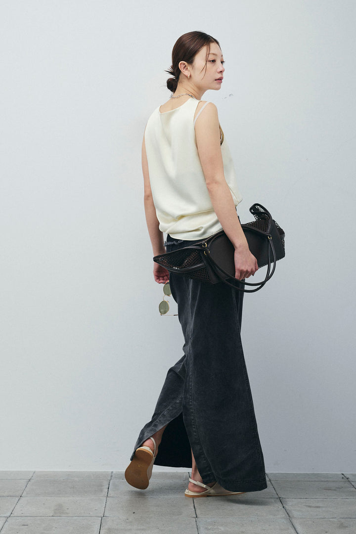 サテン2wayトップス+レイヤードデニムロングスカート(2set)