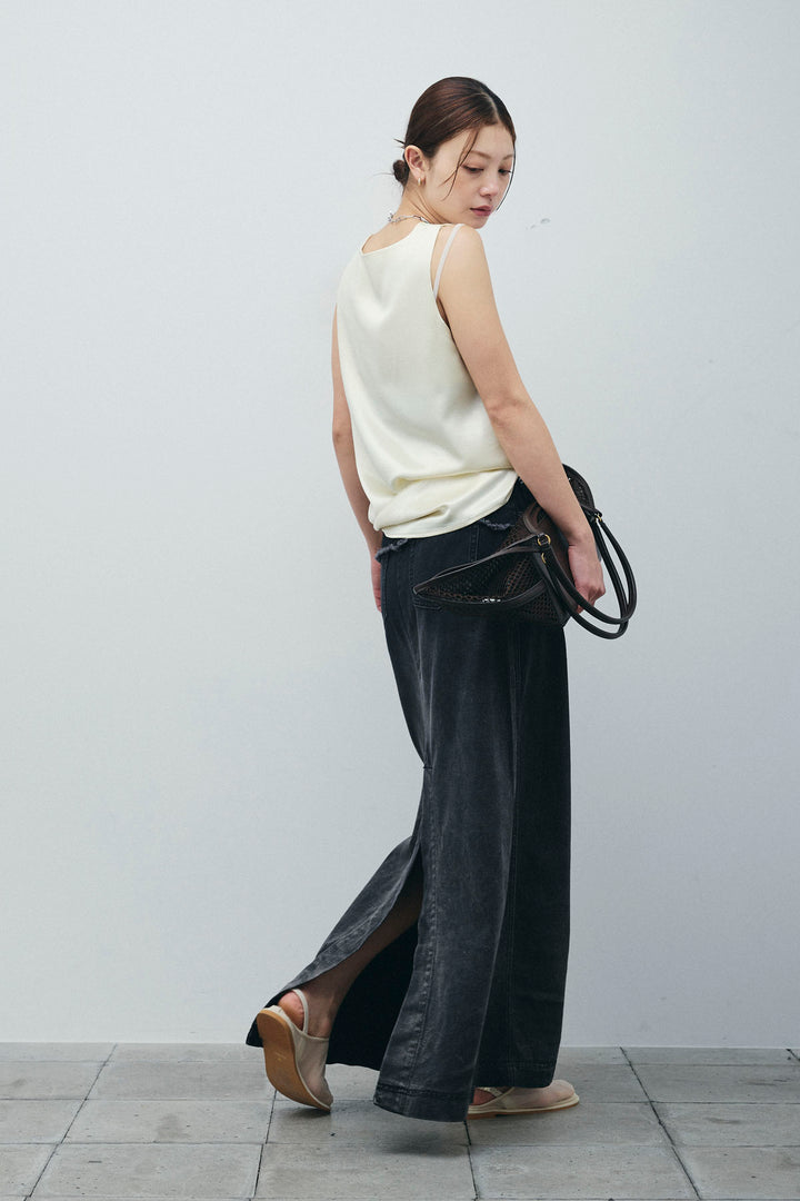 サテン2wayトップス+レイヤードデニムロングスカート(2set)