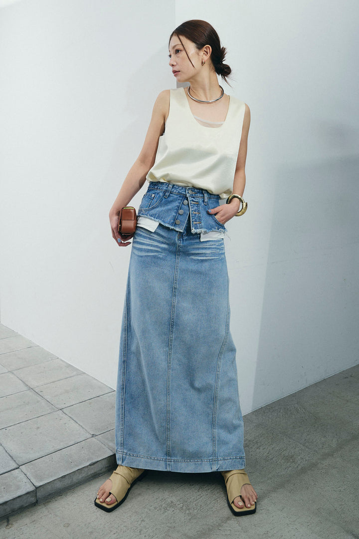 サテン2wayトップス+レイヤードデニムロングスカート(2set)