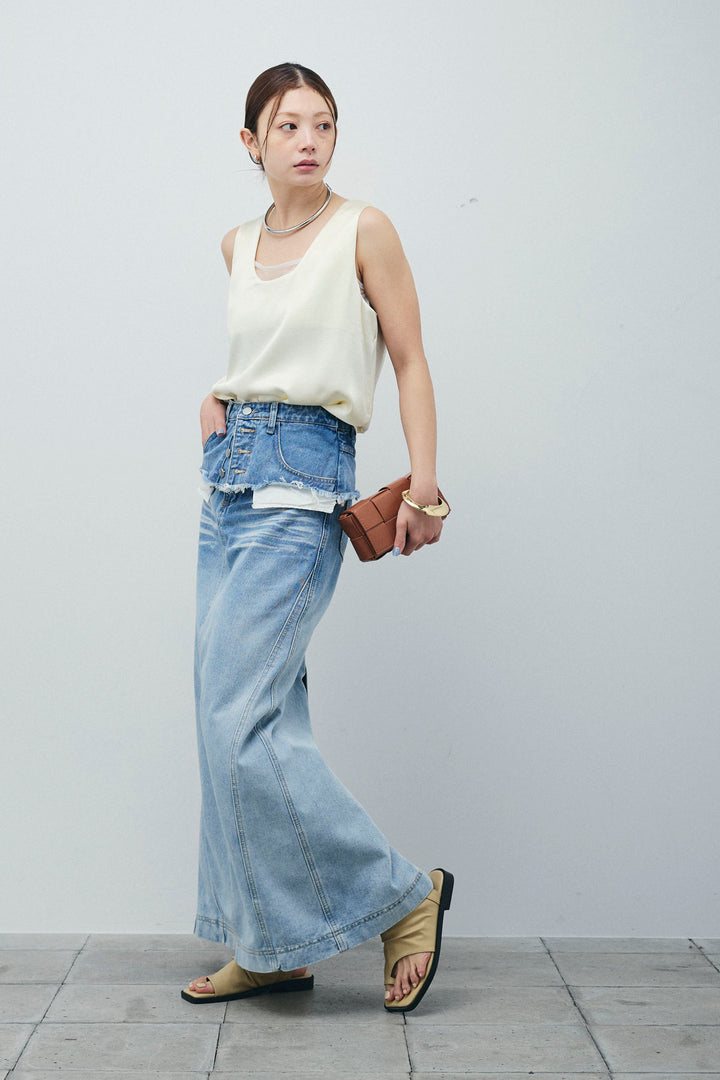 サテン2wayトップス+レイヤードデニムロングスカート(2set)