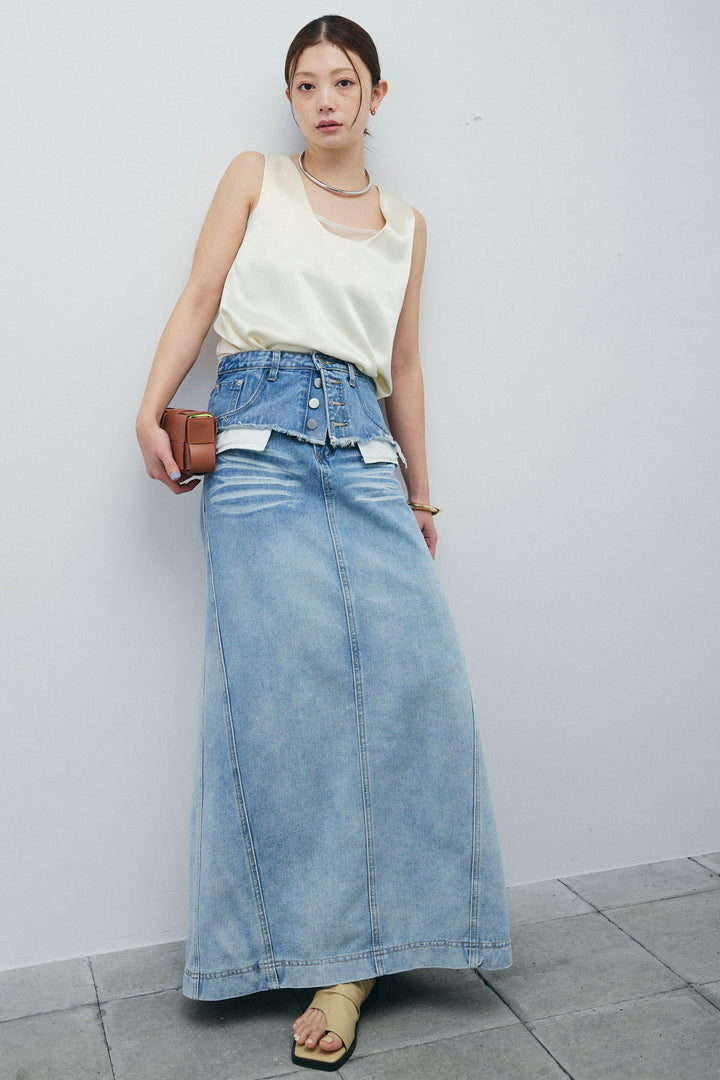 サテン2wayトップス+レイヤードデニムロングスカート(2set)