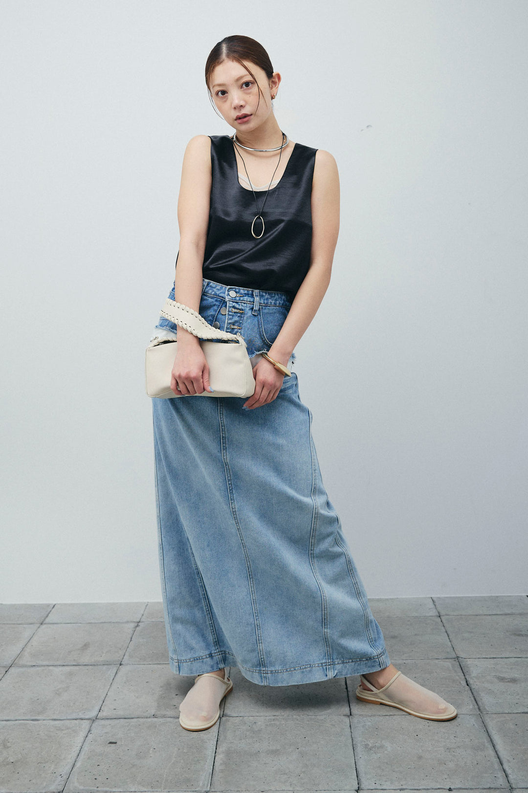 サテン2wayトップス+レイヤードデニムロングスカート(2set)