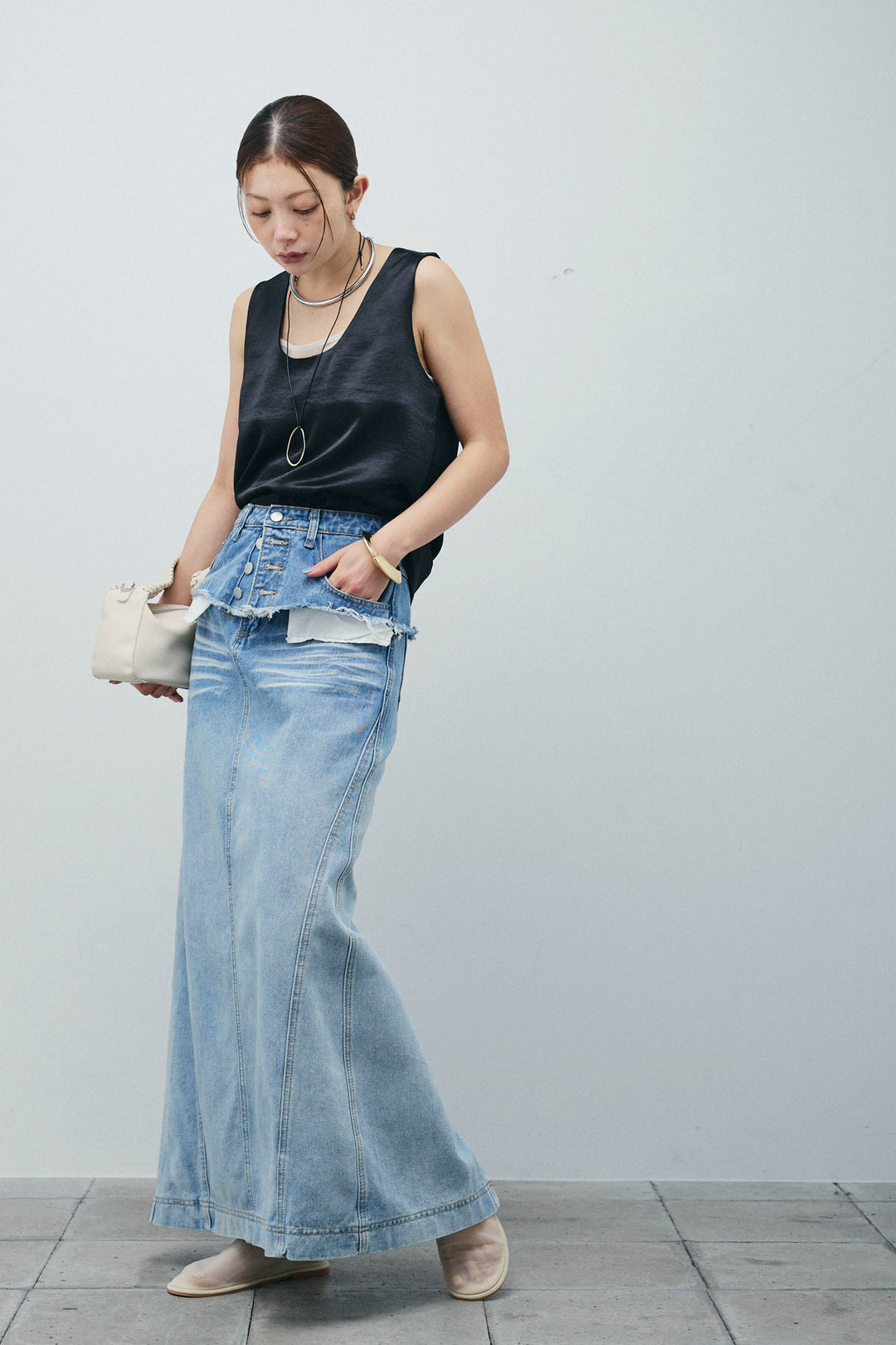 サテン2wayトップス+レイヤードデニムロングスカート(2set)