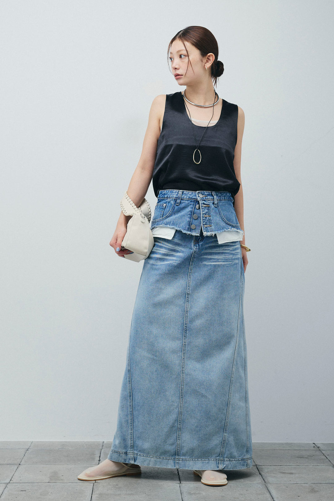 サテン2wayトップス+レイヤードデニムロングスカート(2set)