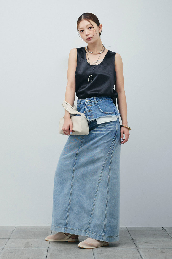 サテン2wayトップス+レイヤードデニムロングスカート(2set)
