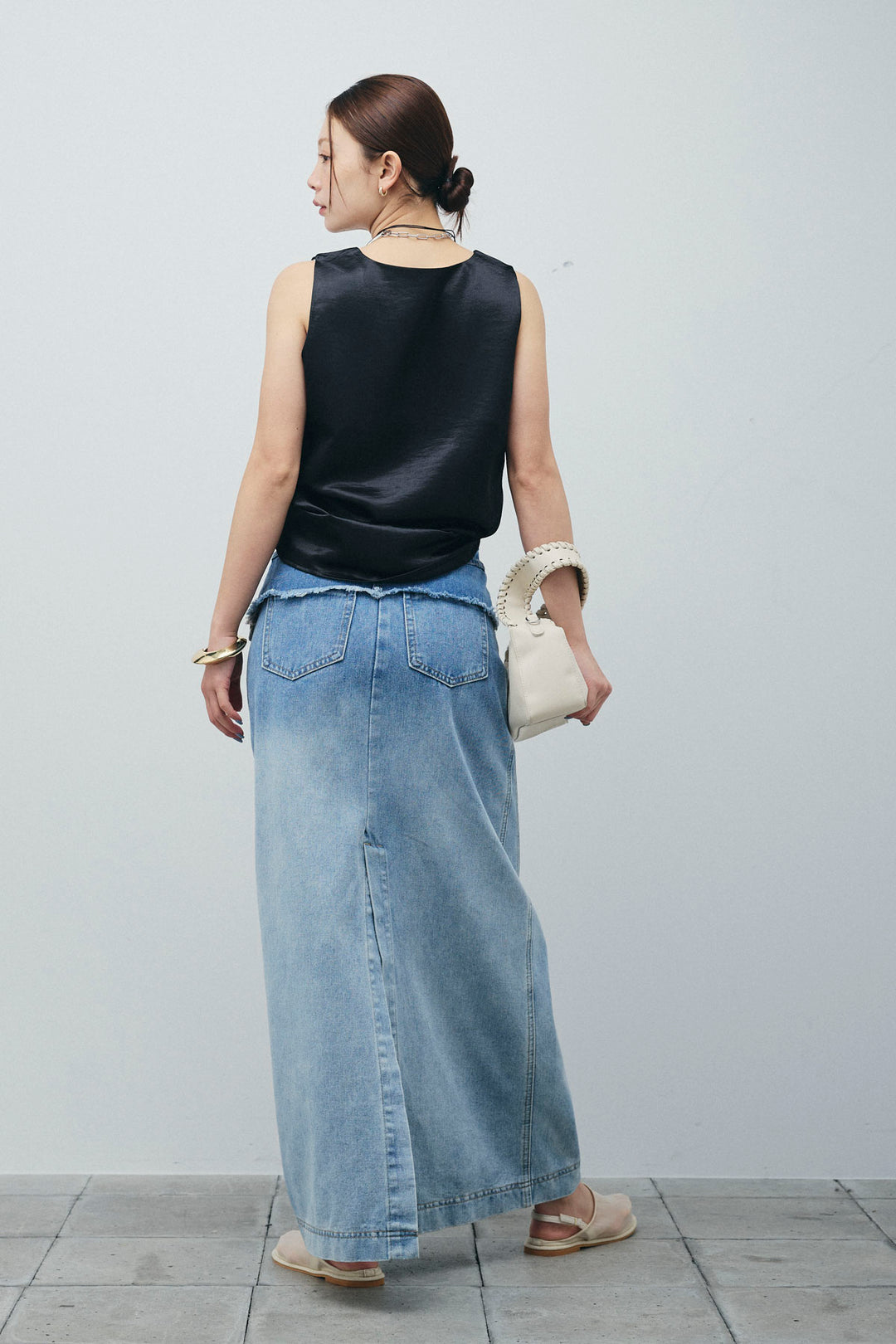 サテン2wayトップス+レイヤードデニムロングスカート(2set)