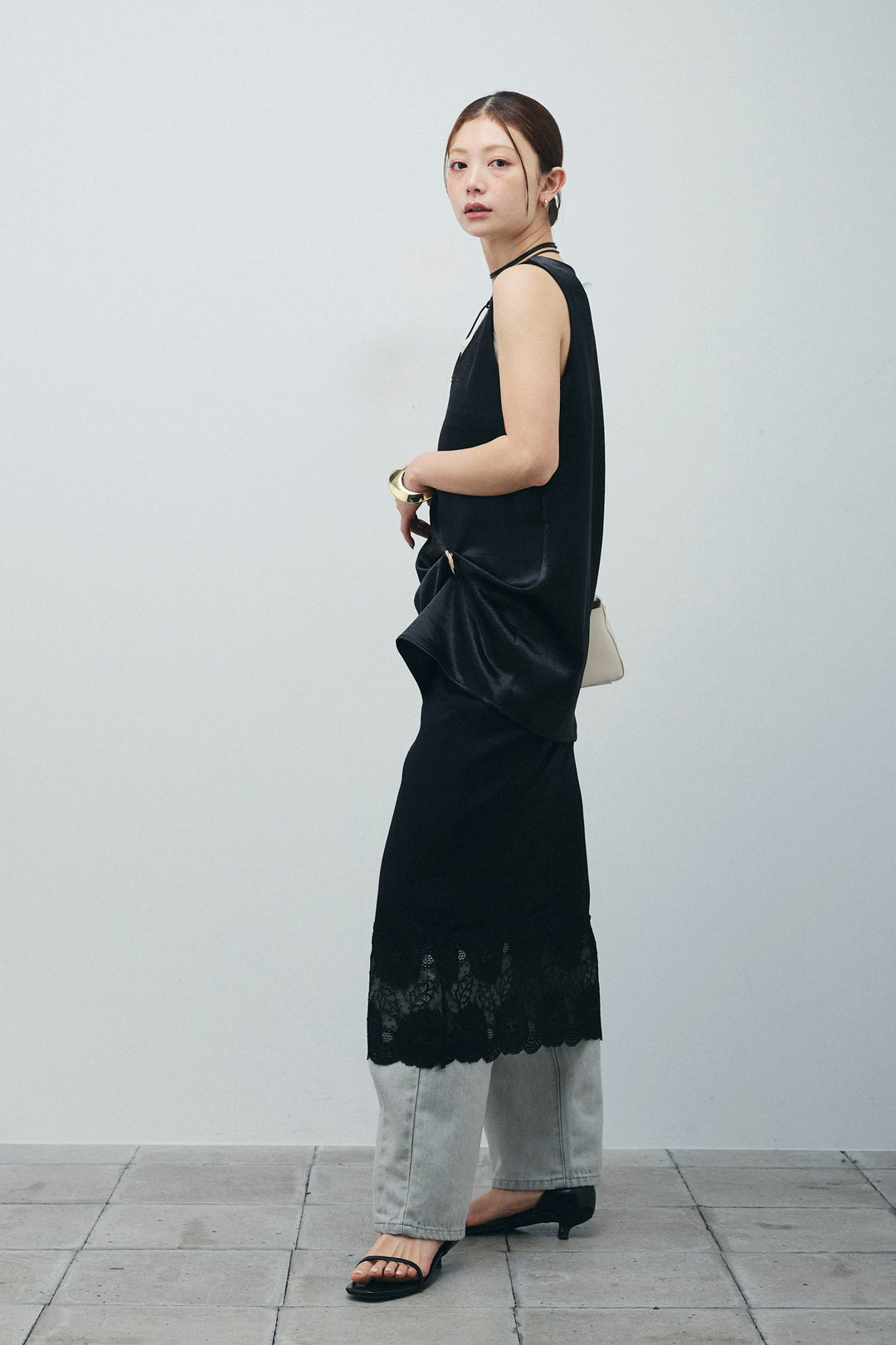 [予約/SET]サテン2wayトップス+レース付きカットスカート+ヴィンテージカーブデニムパンツ(3set)