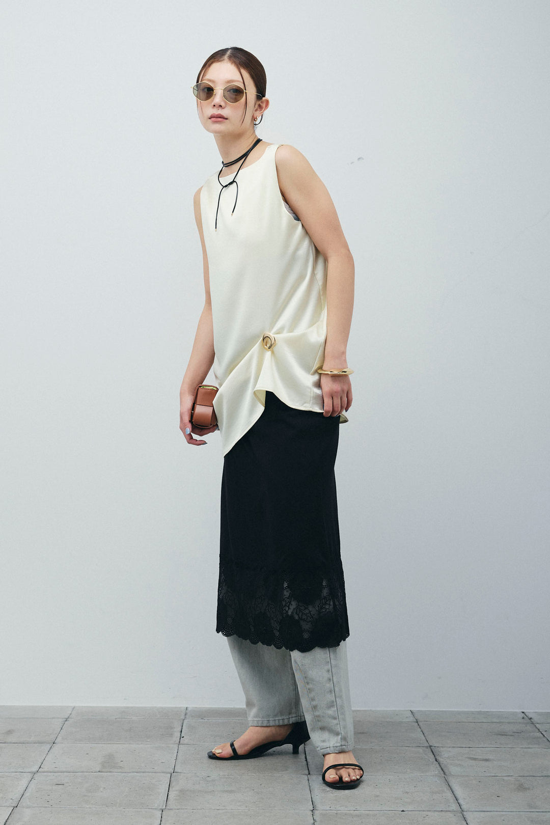 [予約/SET]サテン2wayトップス+レース付きカットスカート+ヴィンテージカーブデニムパンツ(3set)