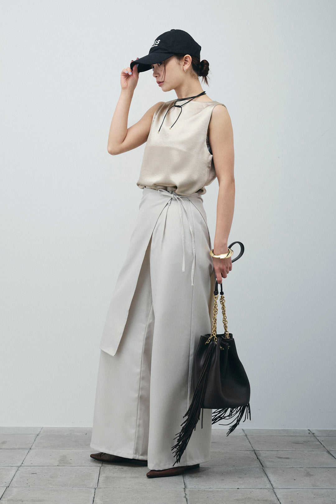 [予約/SET]サテン2wayトップス+ヘザーツイルラップスカート付きパンツ(2set)