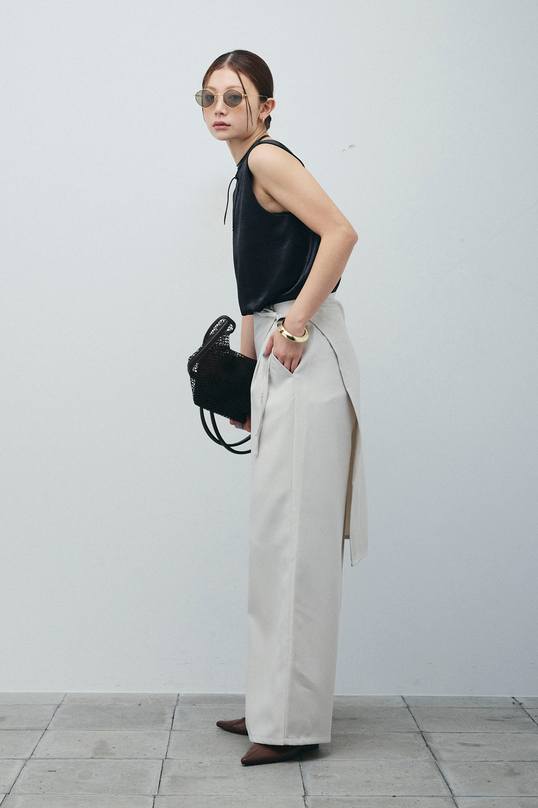 [予約/SET]サテン2wayトップス+ヘザーツイルラップスカート付きパンツ(2set)