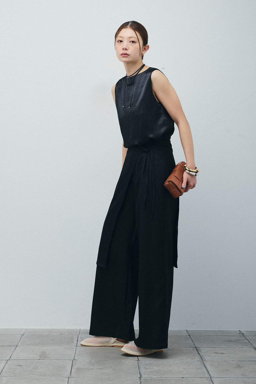 [予約/SET]サテン2wayトップス+ヘザーツイルラップスカート付きパンツ(2set)