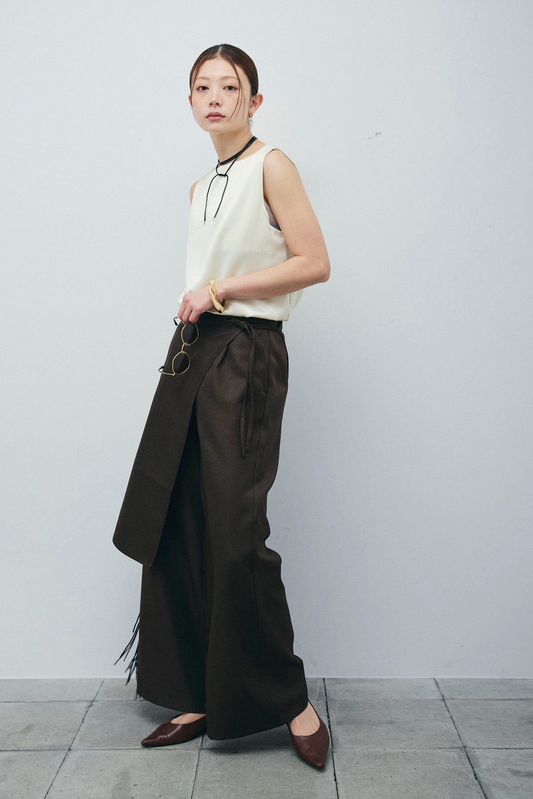 [予約/SET]サテン2wayトップス+ヘザーツイルラップスカート付きパンツ(2set)