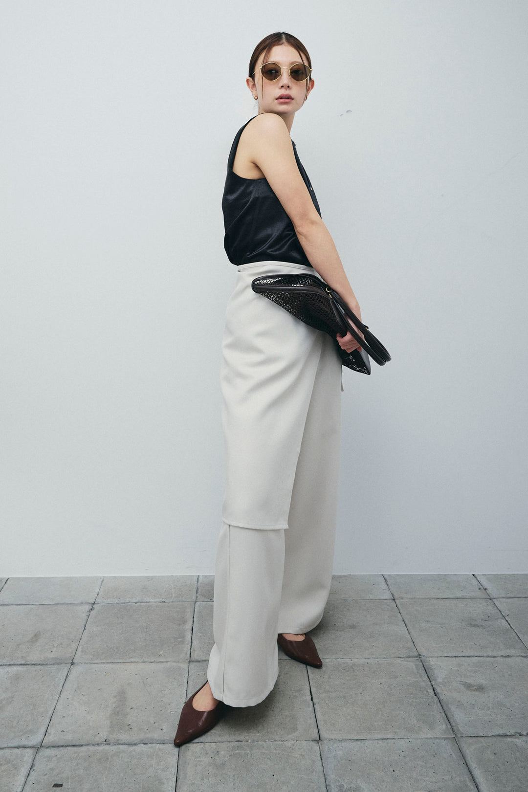 [予約/SET]サテン2wayトップス+ヘザーツイルラップスカート付きパンツ(2set)