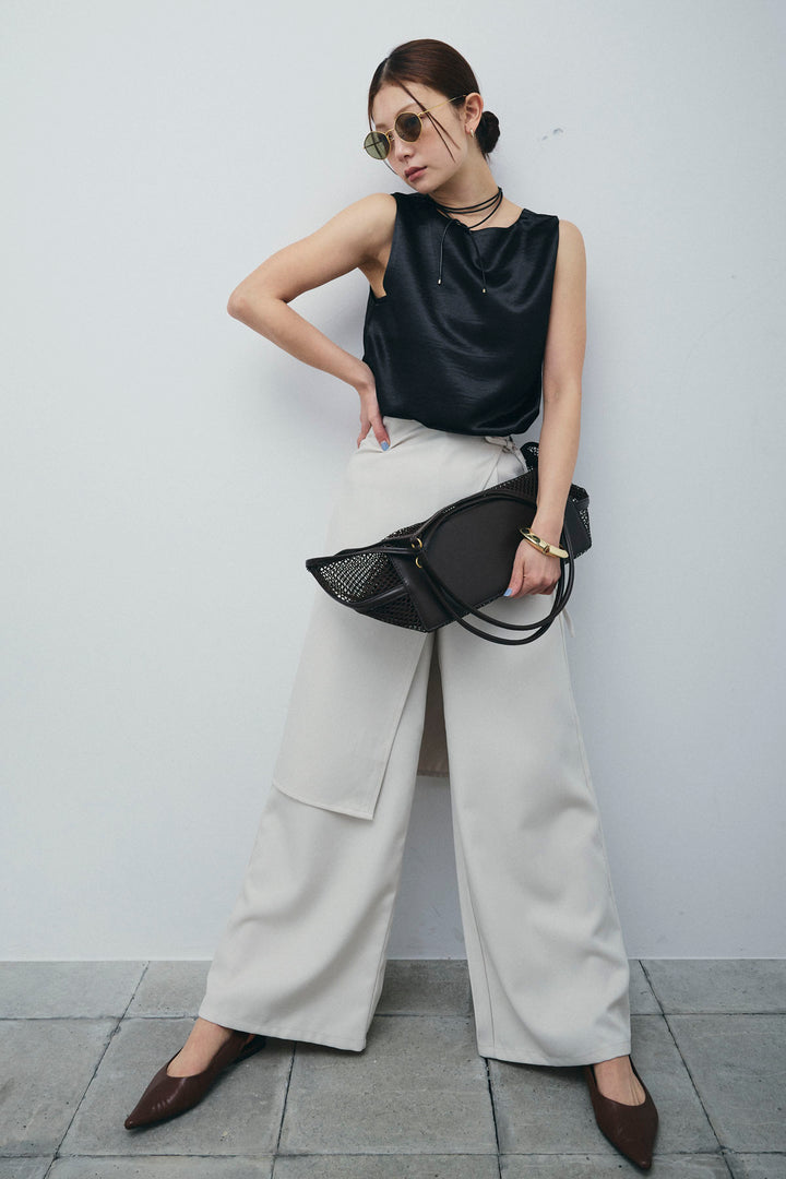 [予約/SET]サテン2wayトップス+ヘザーツイルラップスカート付きパンツ(2set)