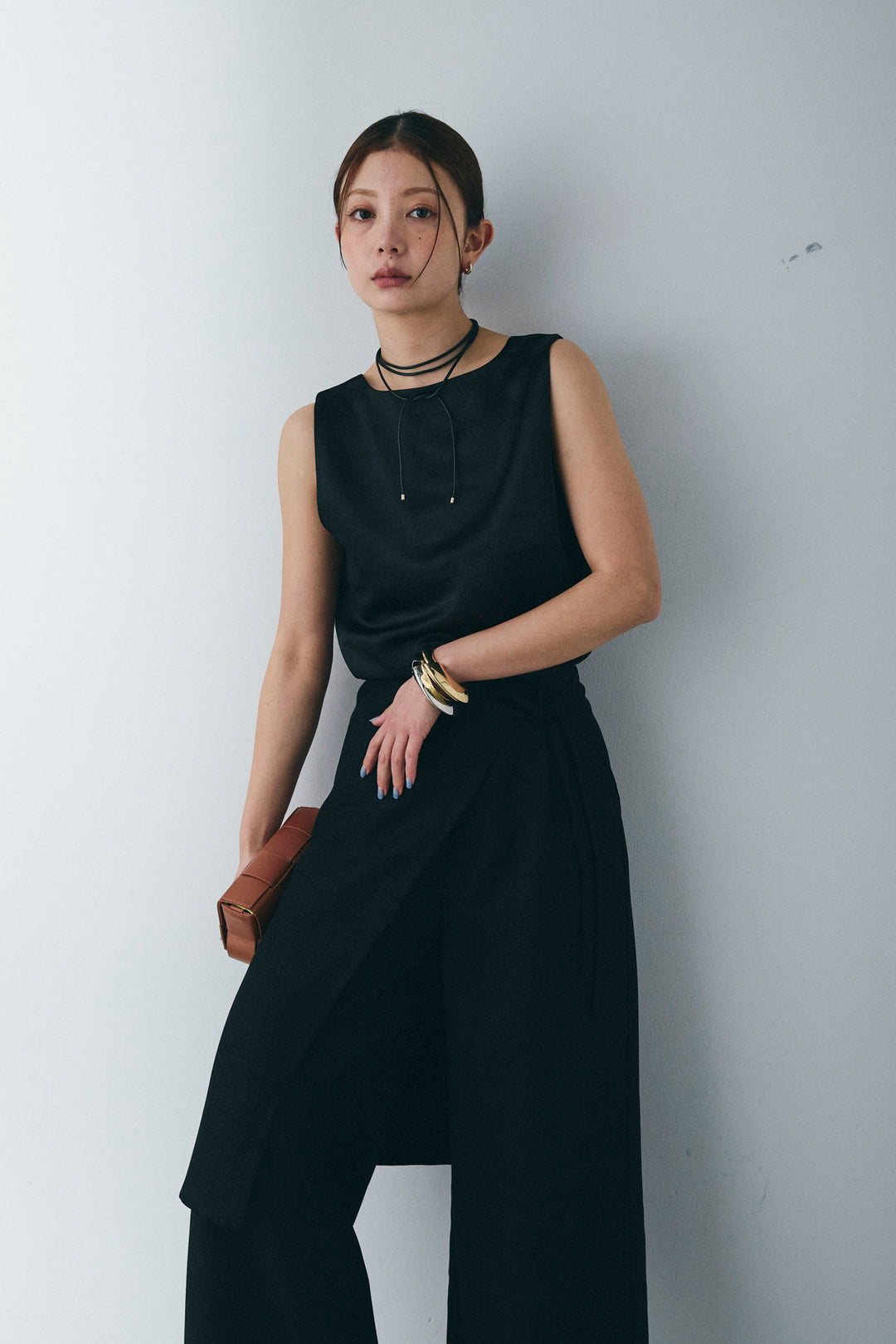 [予約/SET]サテン2wayトップス+ヘザーツイルラップスカート付きパンツ(2set)