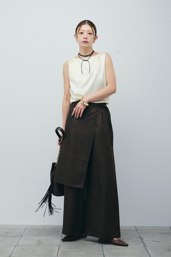 [予約/SET]サテン2wayトップス+ヘザーツイルラップスカート付きパンツ(2set)