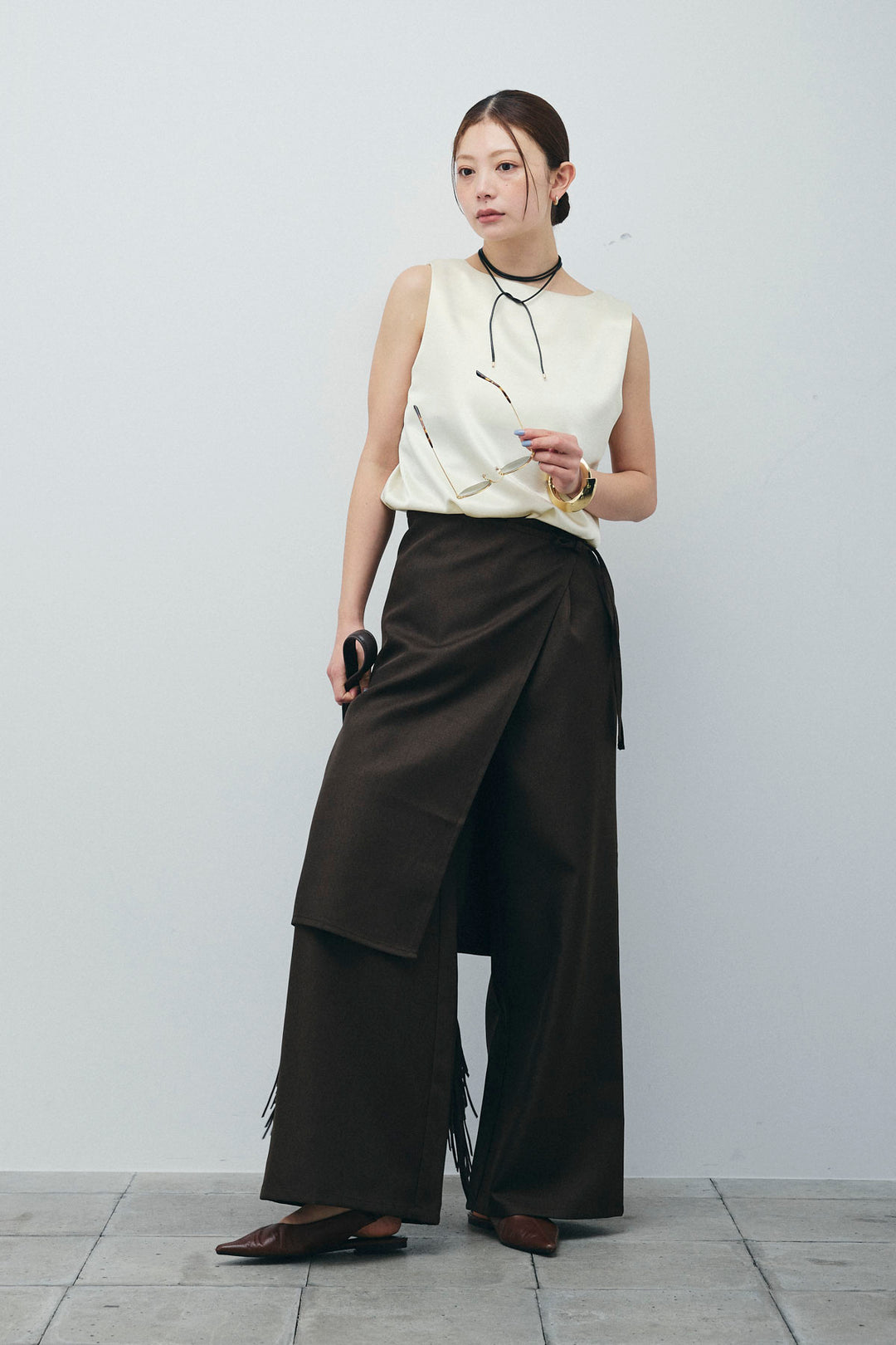 [予約/SET]サテン2wayトップス+ヘザーツイルラップスカート付きパンツ(2set)