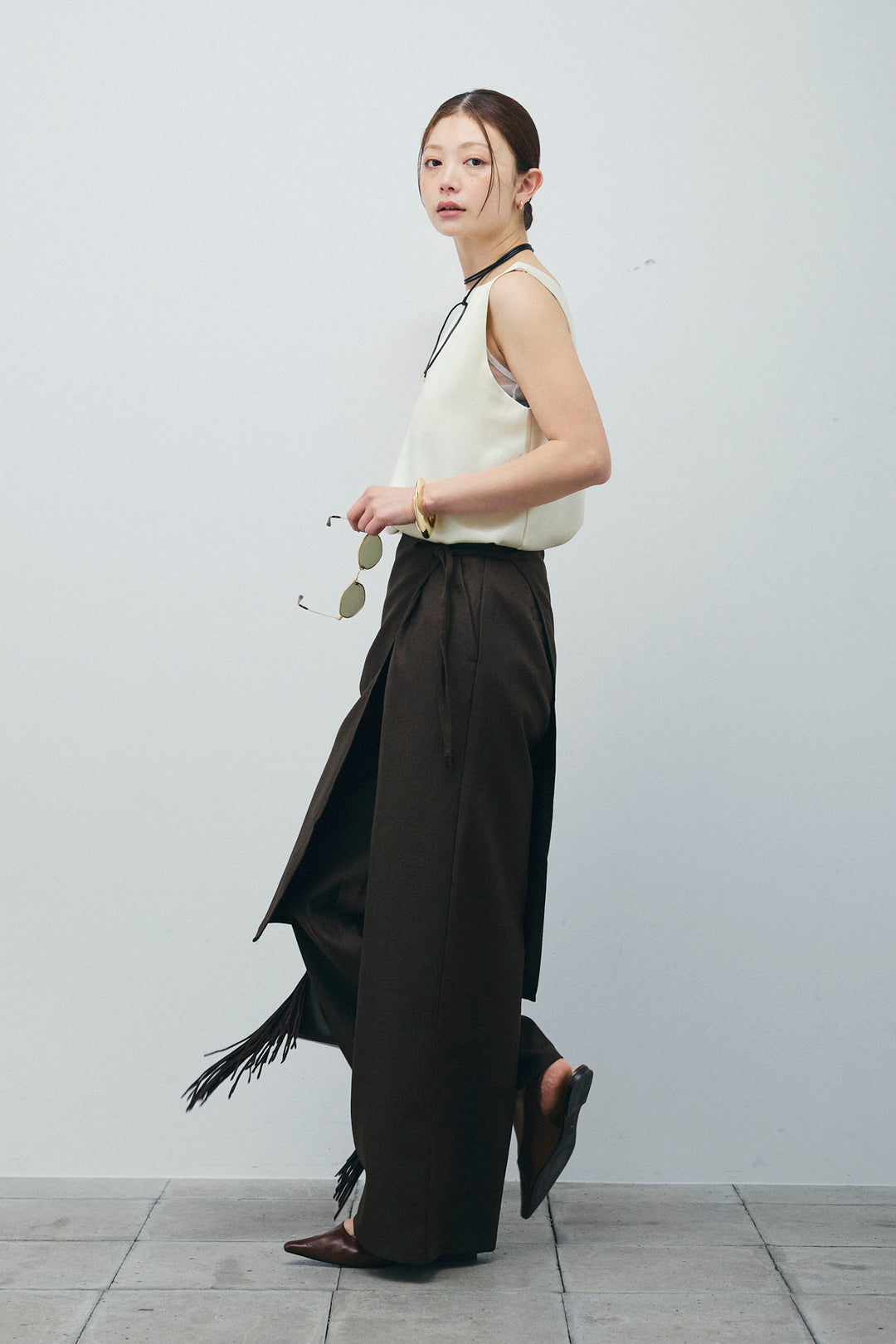 [予約/SET]サテン2wayトップス+ヘザーツイルラップスカート付きパンツ(2set)