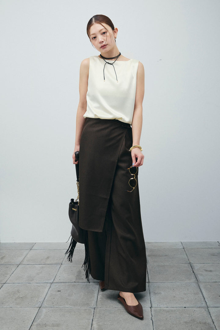 [予約/SET]サテン2wayトップス+ヘザーツイルラップスカート付きパンツ(2set)