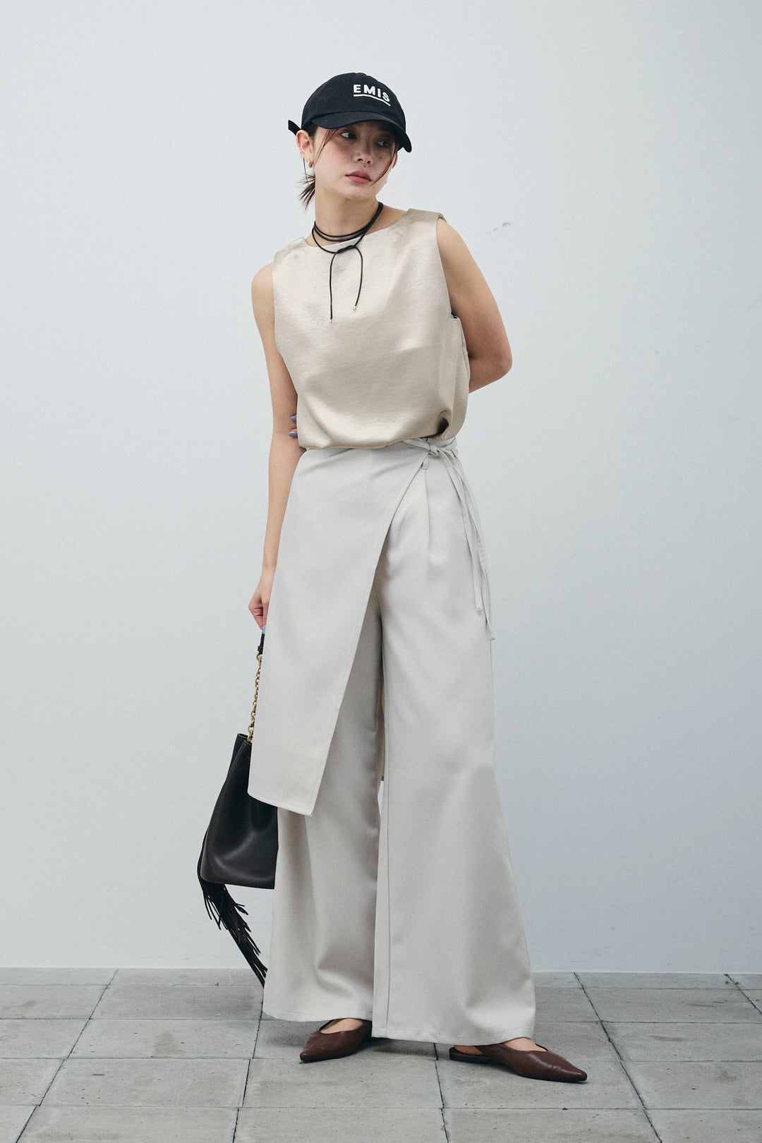 [予約/SET]サテン2wayトップス+ヘザーツイルラップスカート付きパンツ(2set)