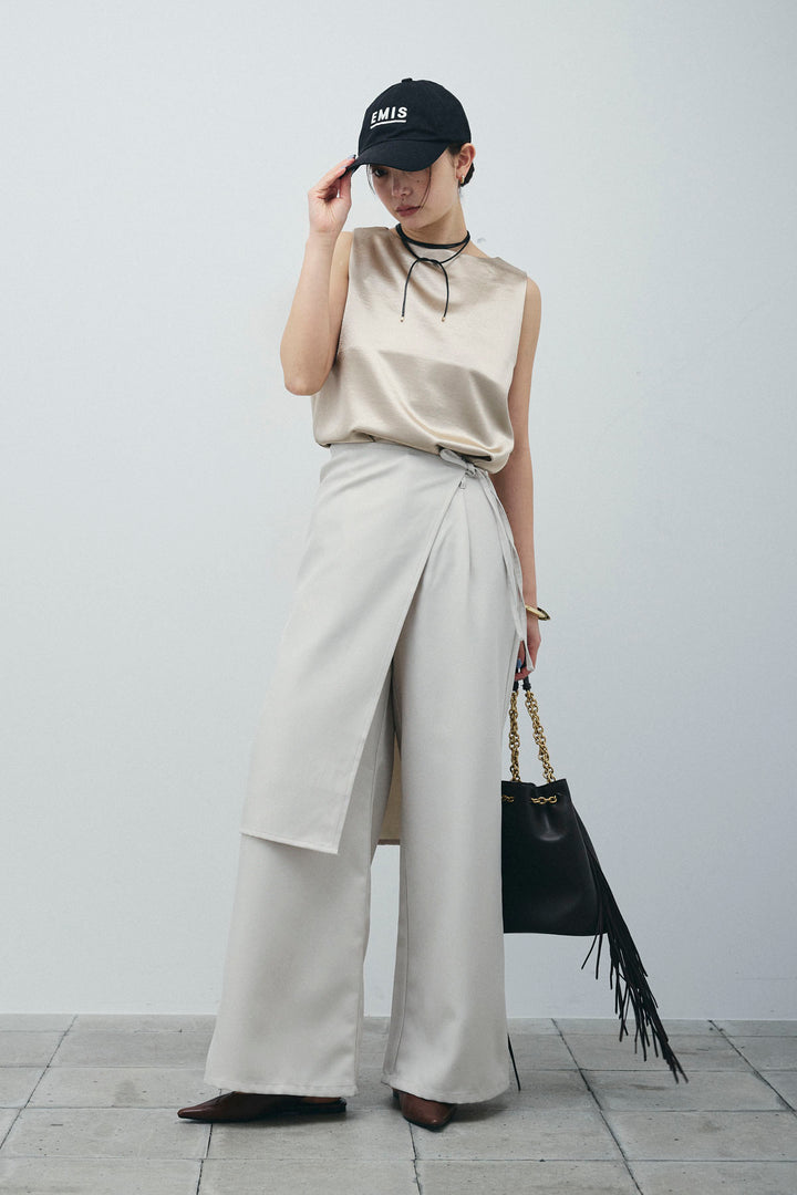 [予約/SET]サテン2wayトップス+ヘザーツイルラップスカート付きパンツ(2set)