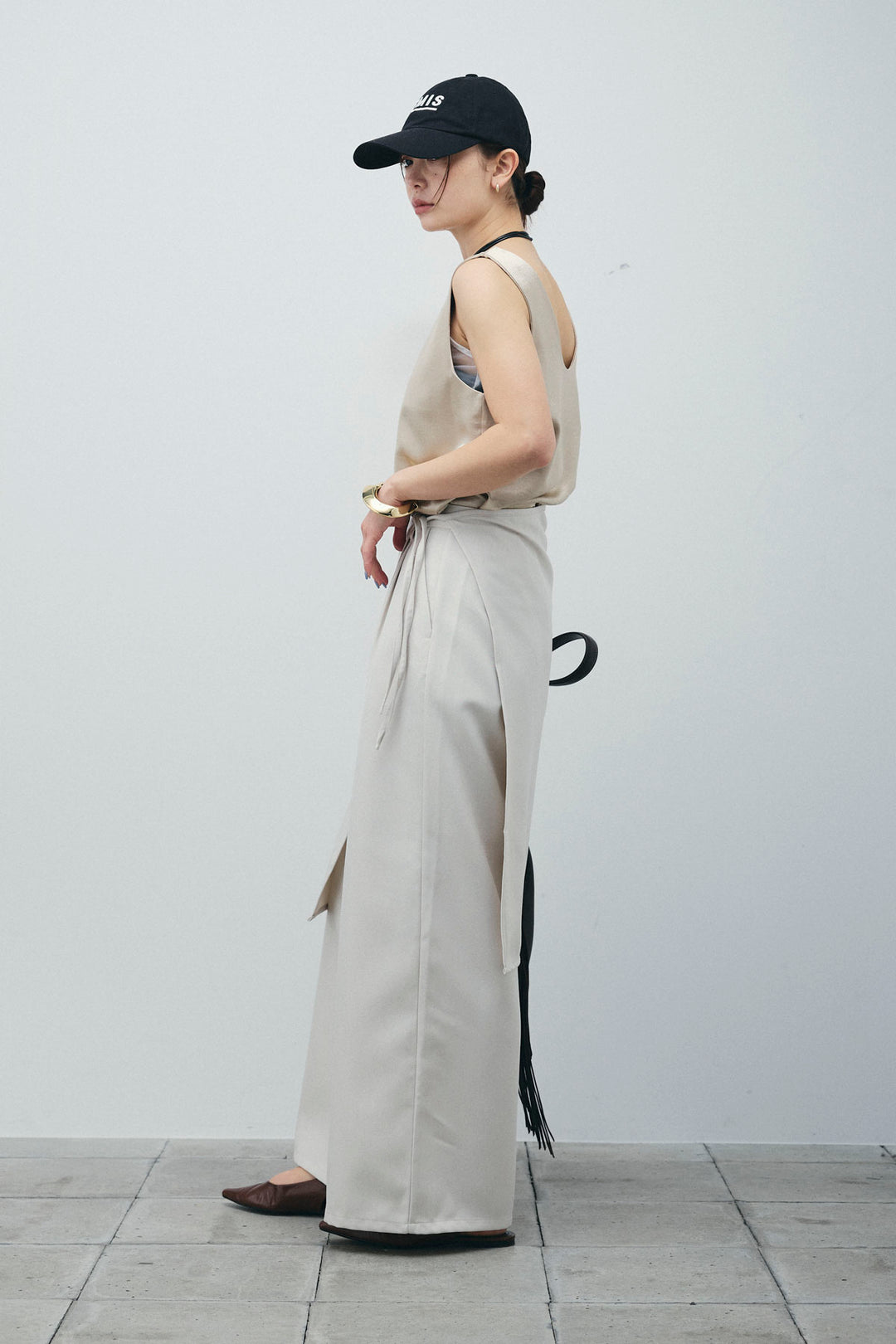 [予約/SET]サテン2wayトップス+ヘザーツイルラップスカート付きパンツ(2set)