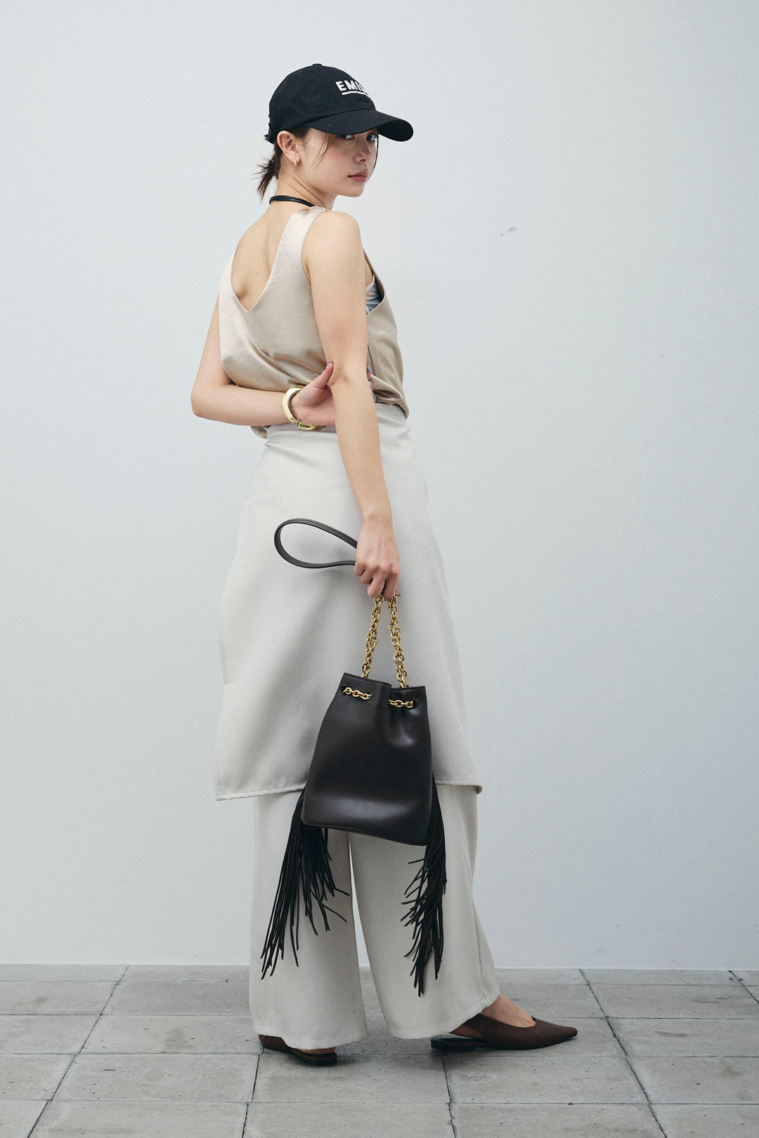 [予約/SET]サテン2wayトップス+ヘザーツイルラップスカート付きパンツ(2set)