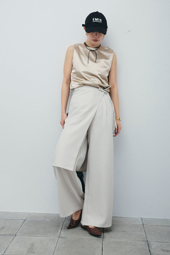 [予約/SET]サテン2wayトップス+ヘザーツイルラップスカート付きパンツ(2set)