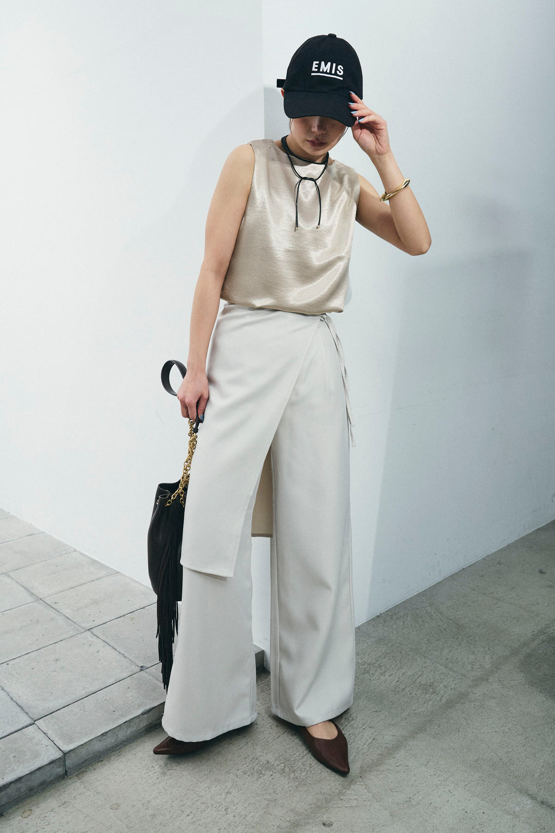 [予約/SET]サテン2wayトップス+ヘザーツイルラップスカート付きパンツ(2set)