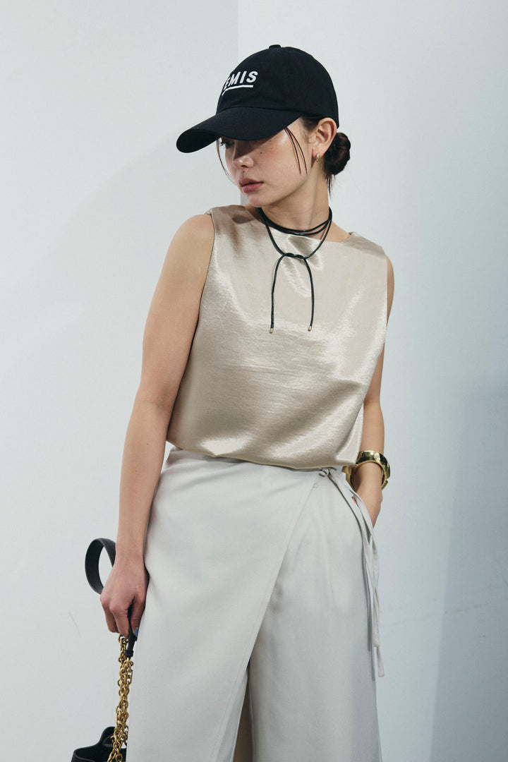 [予約/SET]サテン2wayトップス+ヘザーツイルラップスカート付きパンツ(2set)