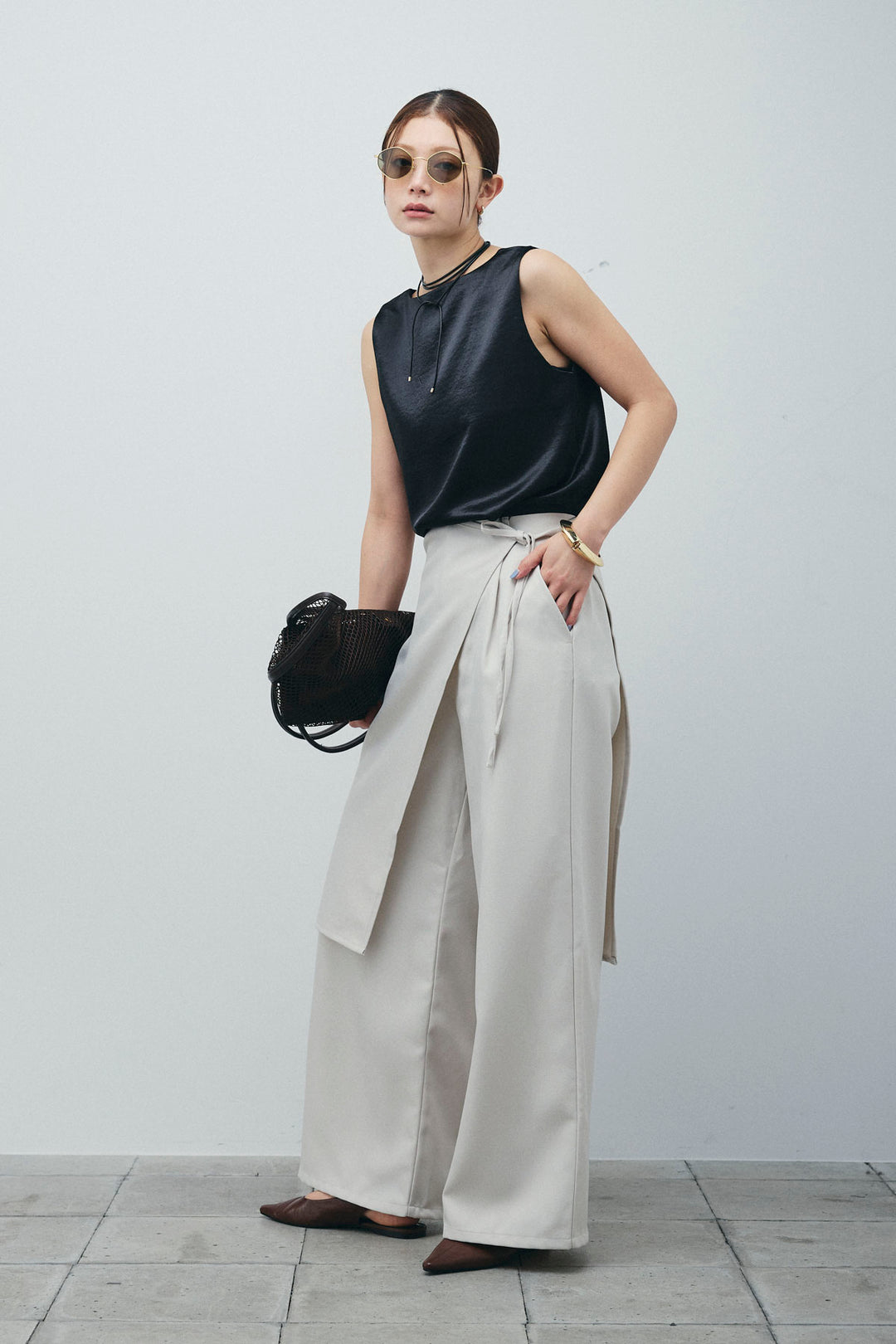 [予約/SET]サテン2wayトップス+ヘザーツイルラップスカート付きパンツ(2set)