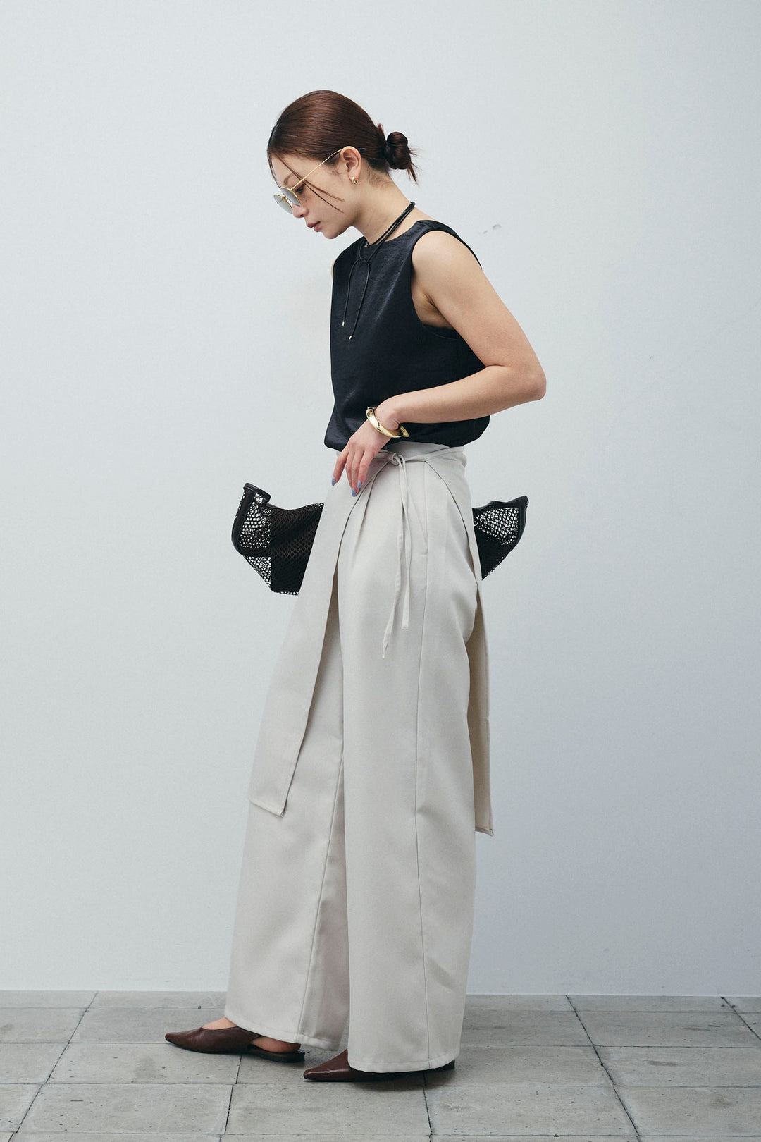 [予約/SET]サテン2wayトップス+ヘザーツイルラップスカート付きパンツ(2set)