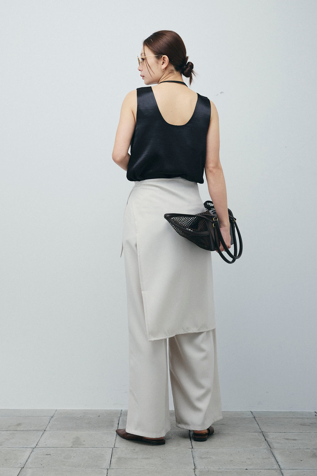 [予約/SET]サテン2wayトップス+ヘザーツイルラップスカート付きパンツ(2set)