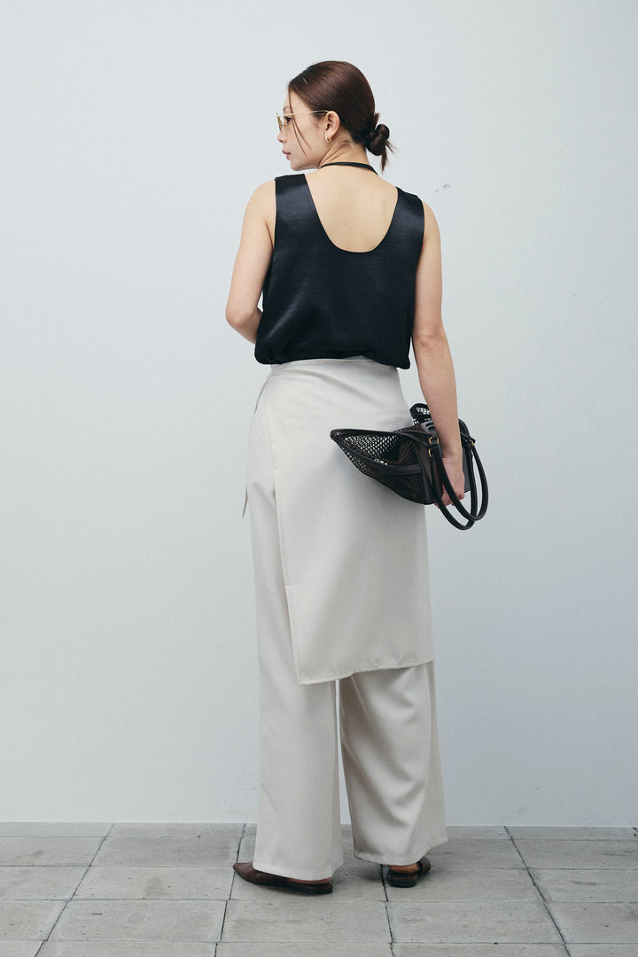 [予約/SET]サテン2wayトップス+ヘザーツイルラップスカート付きパンツ(2set)