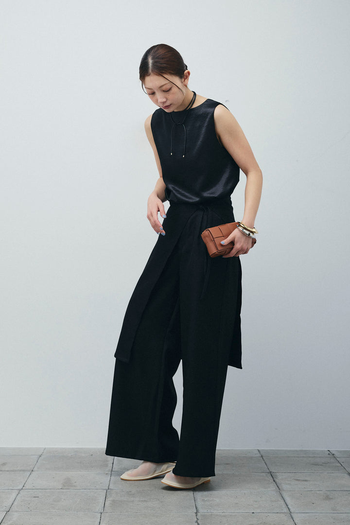 [予約/SET]サテン2wayトップス+ヘザーツイルラップスカート付きパンツ(2set)