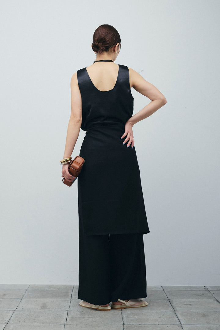 [予約/SET]サテン2wayトップス+ヘザーツイルラップスカート付きパンツ(2set)