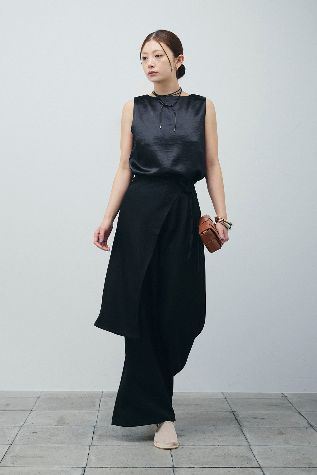 [予約/SET]サテン2wayトップス+ヘザーツイルラップスカート付きパンツ(2set)