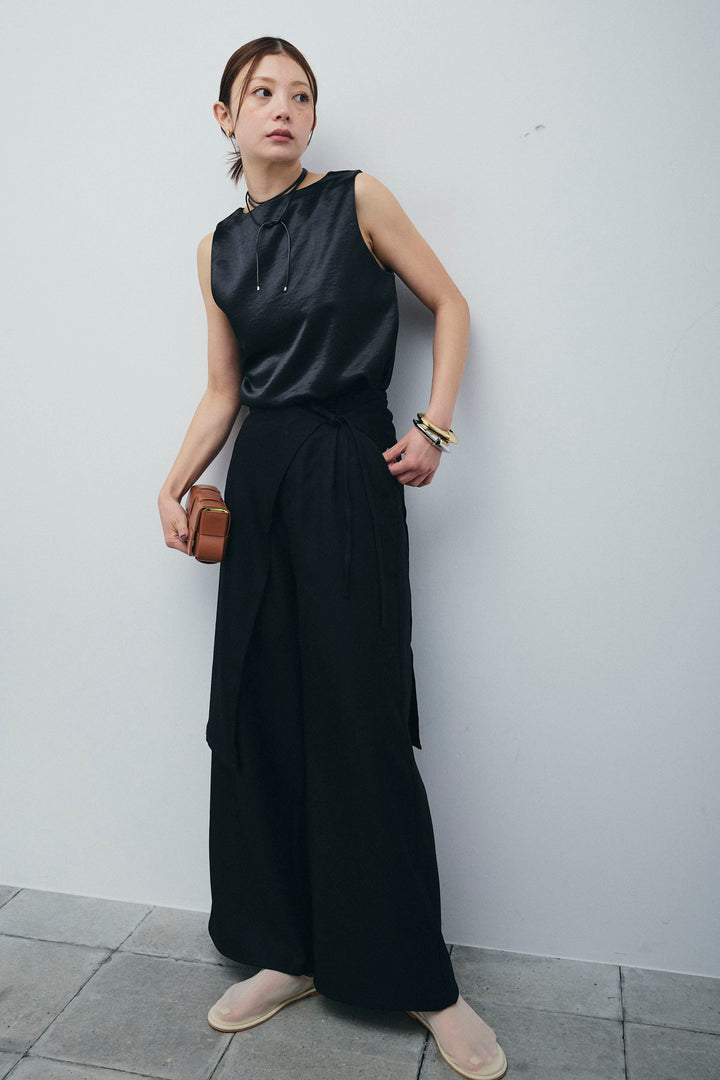 [予約/SET]サテン2wayトップス+ヘザーツイルラップスカート付きパンツ(2set)